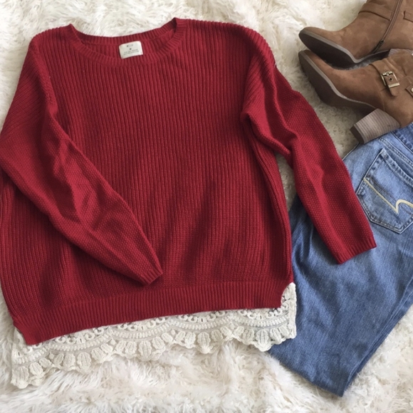 UO Pins + Needles red chunky sweater with lace - Picture 1 of 7
